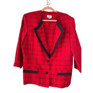 Vintage Red Plaid Blazer With Black Trim Made in USA Size 18 Christmas Holiday